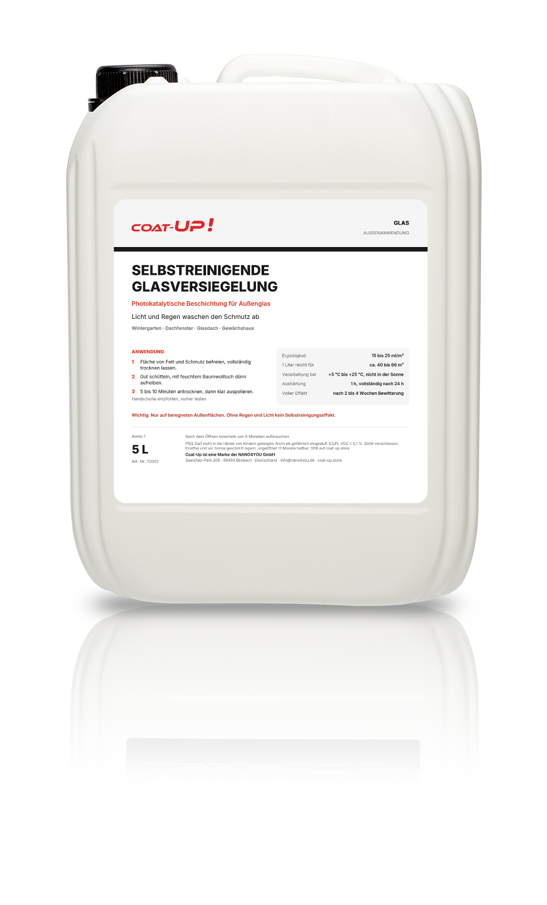 Coat-Up Selbstreinigende Glasversiegelung im 5-Liter-Kanister, auch in 500 ml und 1 Liter erhältlich