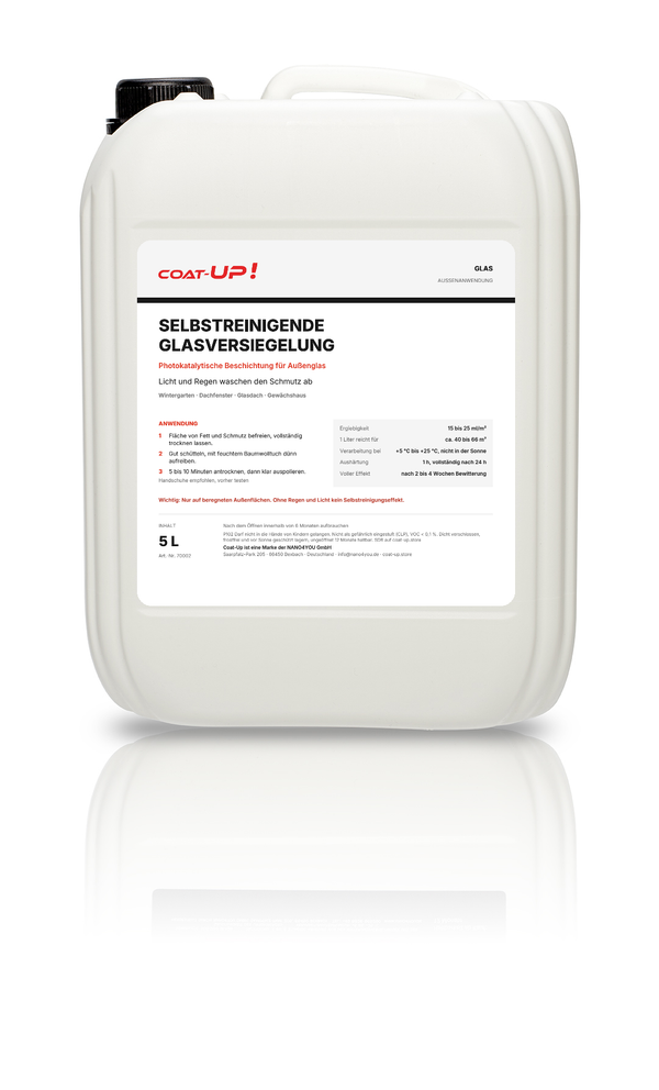 Coat-Up Selbstreinigende Glasversiegelung im 5-Liter-Kanister, auch in 500 ml und 1 Liter erhältlich