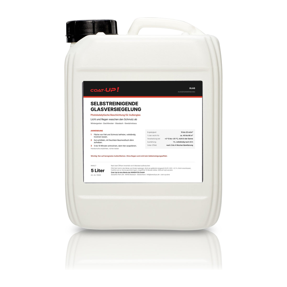 Coat-Up Selbstreinigende Glasversiegelung 5 Liter Kanister für große Glasflächen